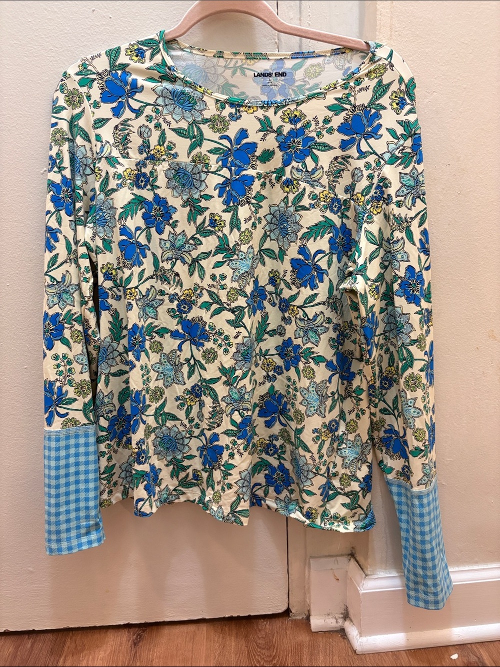 Lands End Lotus Floral Gingham Crewneck Cover-up SWIM TEE LARGE